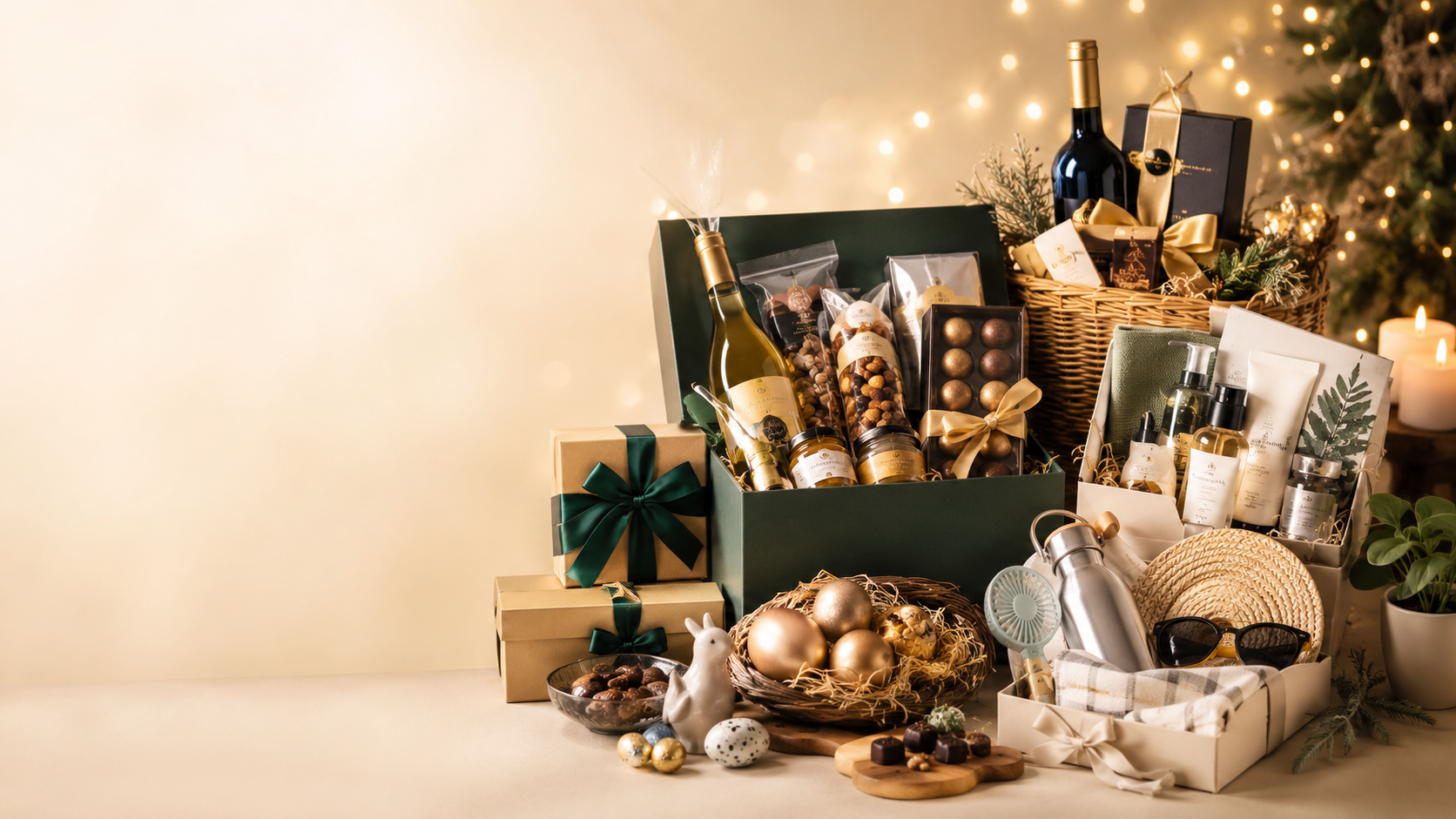 Feestelijke geschenkpakketten met wijn, delicatessen en verzorgingsproducten
